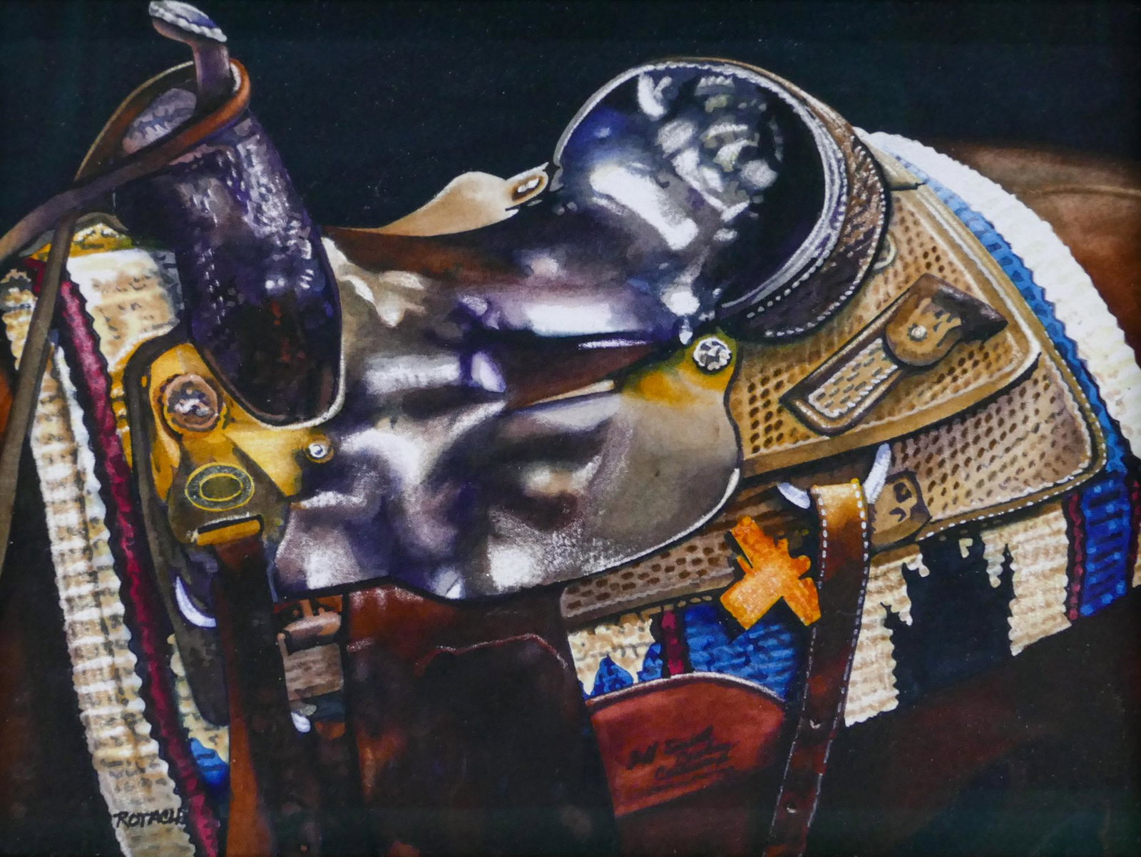 Marlin Rotach ''Saddle Study #3'' 2018 Watercolor: Marlin Rotach (20/21st Cent. American) ''Saddle Study #3'' 2018 Watercolor on Paper 11''x14'' Image. Signed l.l. with COA from Sorrel Sky Gallery, Santa Fe. Gallery framing 16''x18.5''. Excellent cond