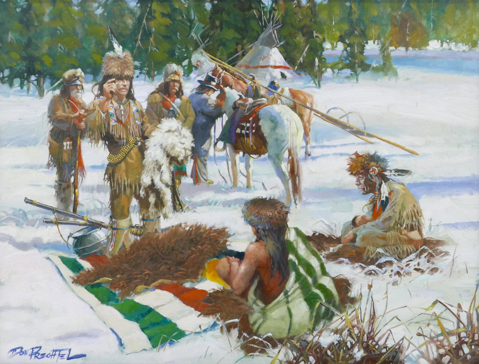 Don Pretchel ''The Trade'' (Indians) Oil: Don Pretchel (b.1936 Oregon) ''The Trade'' (Indians) Oil on Canvas 24''x30'' Image. Western winter composition with natives and teepees. Signed l.l. Original framing 29''x35''. Excellent condition.