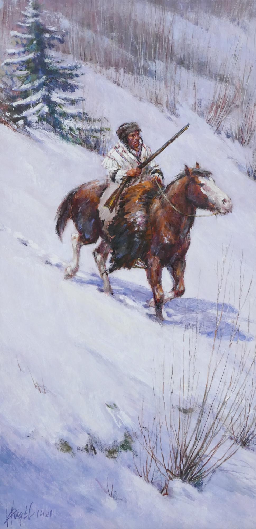 Frank Hagel ''Lone Rider'' (Indian) 1981 Oil: Frank Hagel (b.1933 Montana) ''Lone Rider'' (Indian) 1981 Oil on Masonite 24''x12'' Image. Western winter composition with native on horseback. Signed and dated l.l. Gallery framing 35''x23''. Excelle