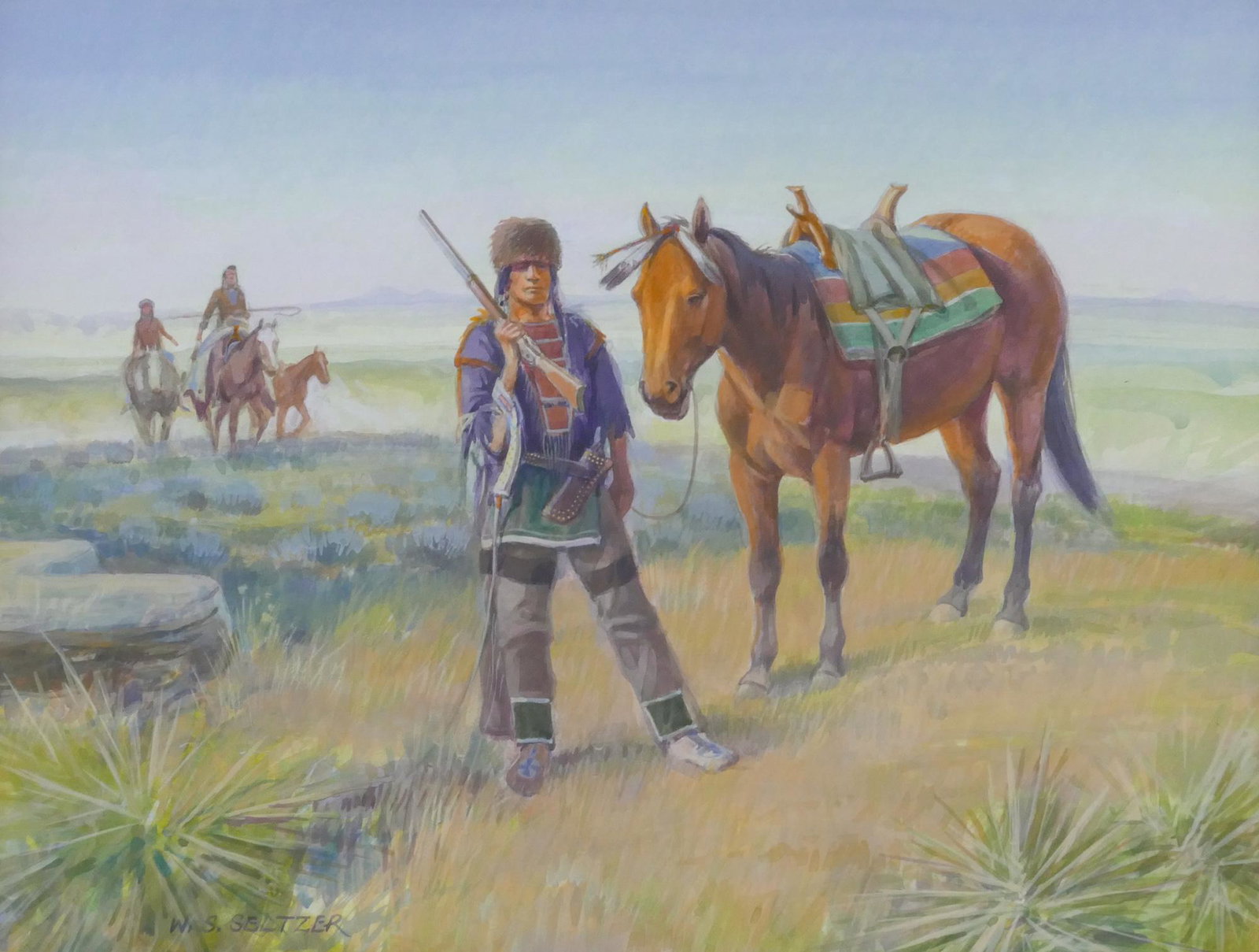 W. Steve Seltzer ''Prairie Prowlers'' (Indians) Gouache: W. Steve Seltzer (b.1945 American) ''Prairie Prowlers'' (Indians) Gouache and Watercolor on Board 10''x13'' Sight. Western composition with Indian and rifle with horse. Signed l.l. Gallery framed 19''
