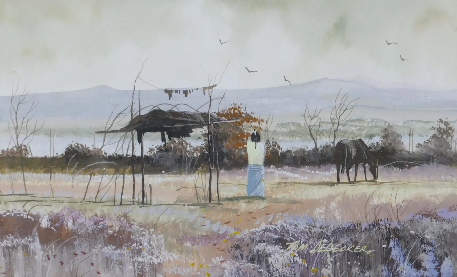 Thomas Dedecker ''Paying Respects - Crow'' Gouache: Thomas Dedecker (b.1951 American) ''Paying Respects - Crow'' Gouache on Paper 6.5''x10'' Sight. Signed l.r. Original framing 14''x18''. Excellent condition.