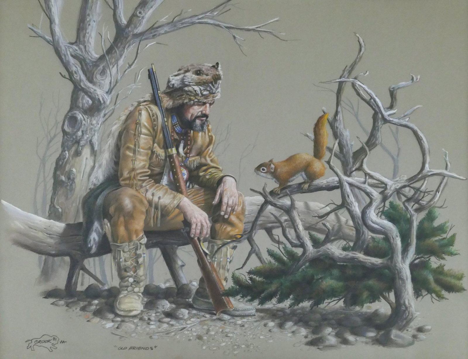 Don Crook ''Old Friends'' (Trapper) 1981 Pastel: Don Crook (b.1934 Washington) ''Old Friends'' (Trapper) 1981 Pastel on Paper 24''x30'' Image. Signed l.l. Original framing 34''x40''. Excellent condition.