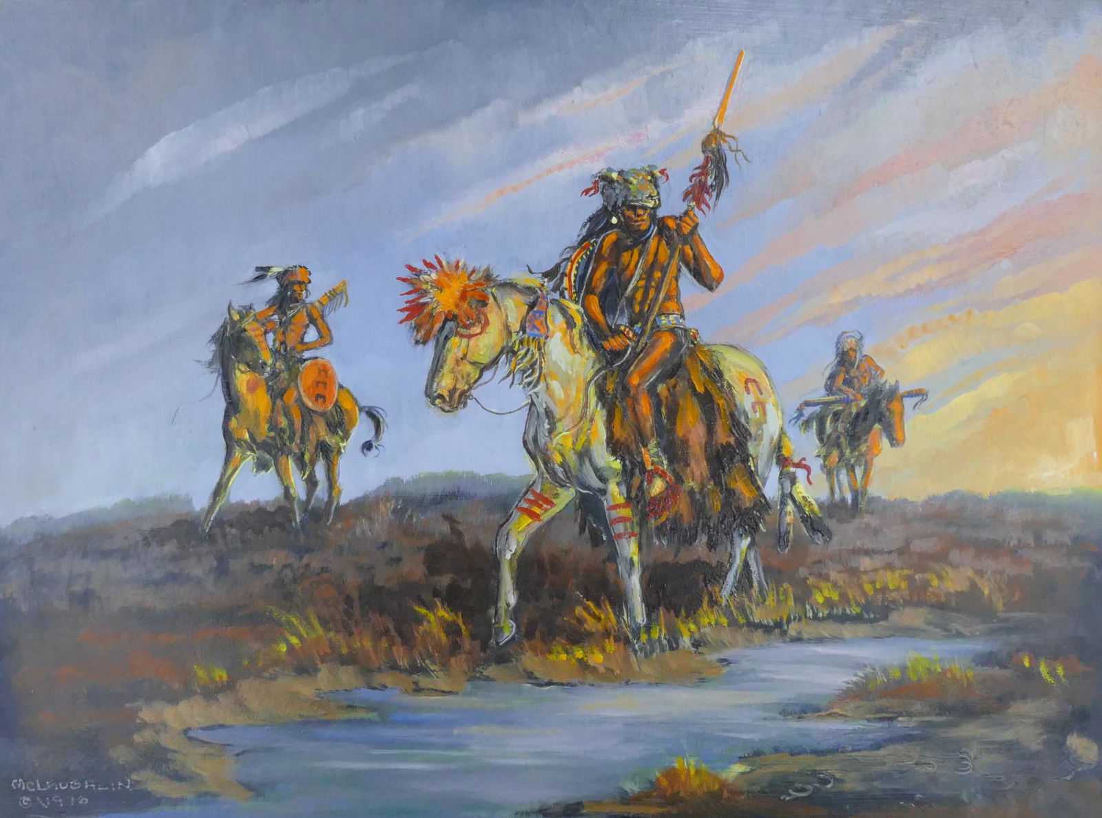 Nancy McLaughlin ''War Party'' (Indians) 1976 Oil: Nancy McLaughlin (1932-1985 Montana) ''War Party'' (Indians) 1976 Oil on Masonite 12''x16'' Image. Signed l.l. Original framing 20''x24''. Excellent condition.