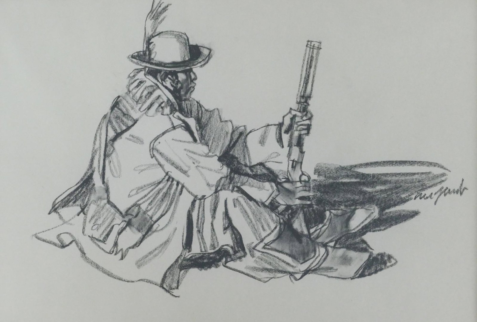 Ned Jacob ''Shoshone Hunter'' 1976 Charcoal: Ned Jacob (b.1938 American) ''Shoshone Hunter'' 1976 Charcoal on Paper 16''x23'' Image. Signed l.r. Gallery framing 24''x31''. Excellent condition.
