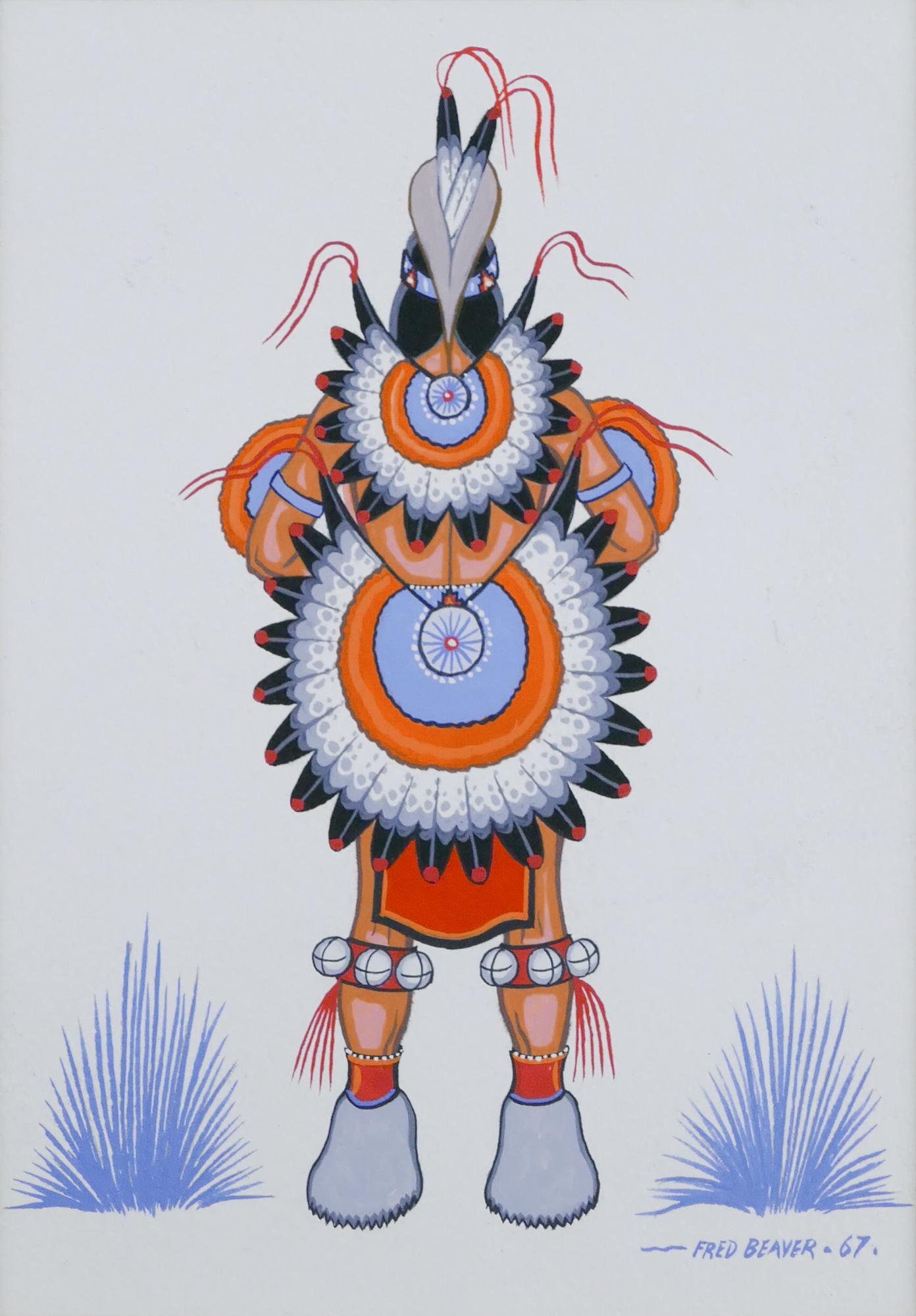 Fred Beaver ''War Dancer'' 1967 Gouache: Fred Beaver (1911-1980 Oklahoma) ''War Dancer'' 1967 Gouache on Board 7''x5'' Image. Signed l.r. Original matting 10''x8''. Excellent condition.