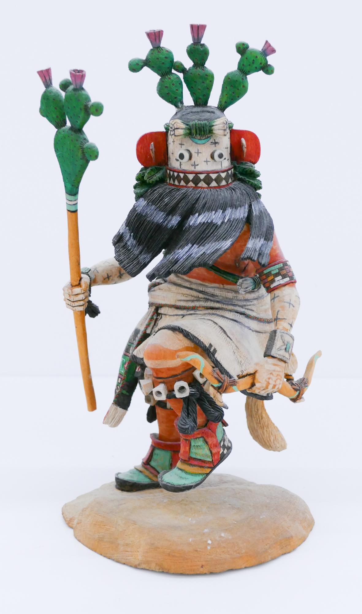 Stetson Honyumptewa Hopi Cactus Kachina Dancer Doll: Stetson Honyumptewa (20/21st Cent. Hopi) Cactus Kachina Dancer Cottonwood Doll 10''x6''. Finely carved and painted doll. Signed and dated 1994 on bottom. Excellent condition.