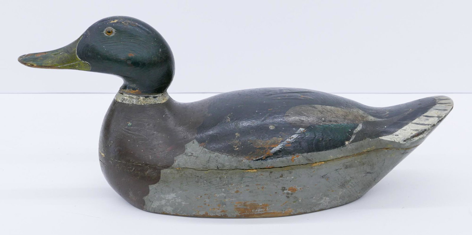Antique Mason Mallard Wood Duck Decoy: Antique Mason Mallard Wood Duck Decoy 17''. Painted body with glass inset eyes. Inscribed ''Mason Circa 1912 Detroit Michigan'' on bottom. Scattered surface wear from use.