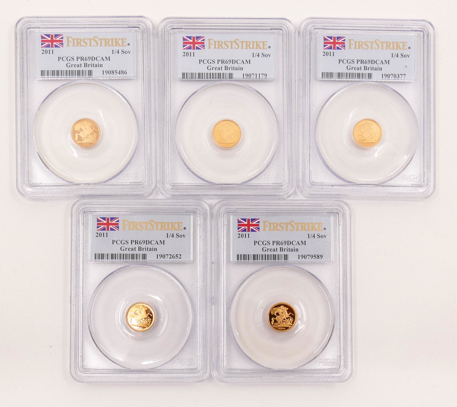5pc Great Britain 2011 1/4 Sovereign Gold Coins, PCGS PR69 DCAM (1 of 3)