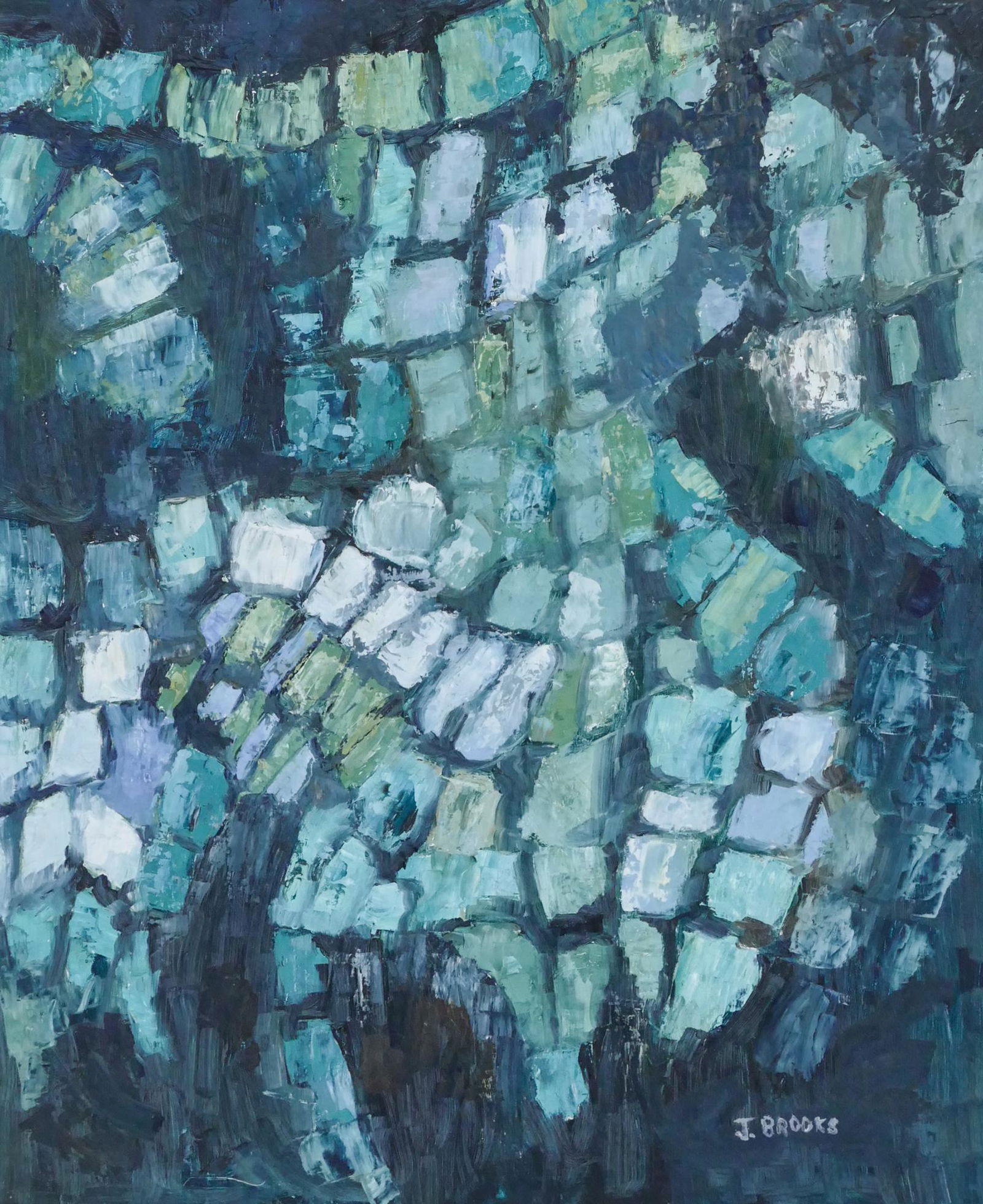 James Brooks ''Moving Earth'' 1960's Oil: James Brooks (20th Cent. Washington) ''Moving Earth'' 1960's Oil on Masonite 30''x24'' Image. Signed l.r. Original white framing 36''x30.5''. Overall excellent condition.