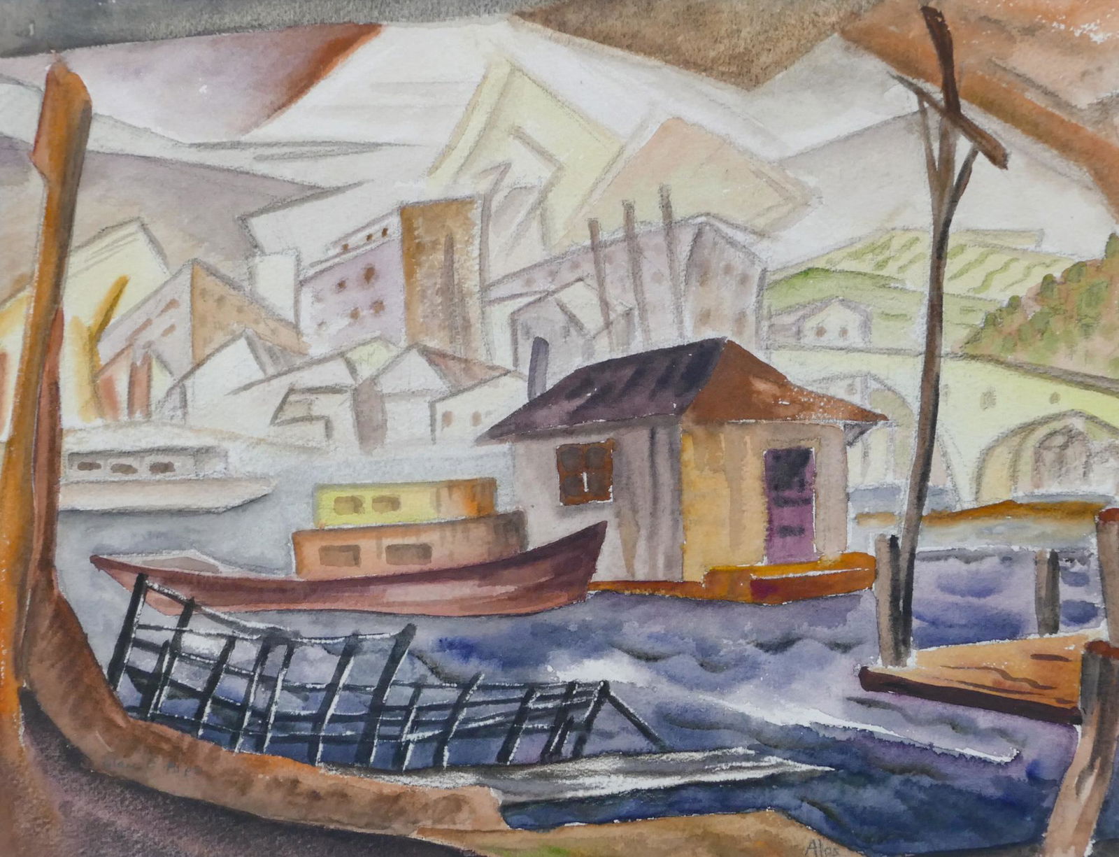 Glen Alps ''Lake Union'' (Houseboats) 1930's Watercolor (1 of 2)