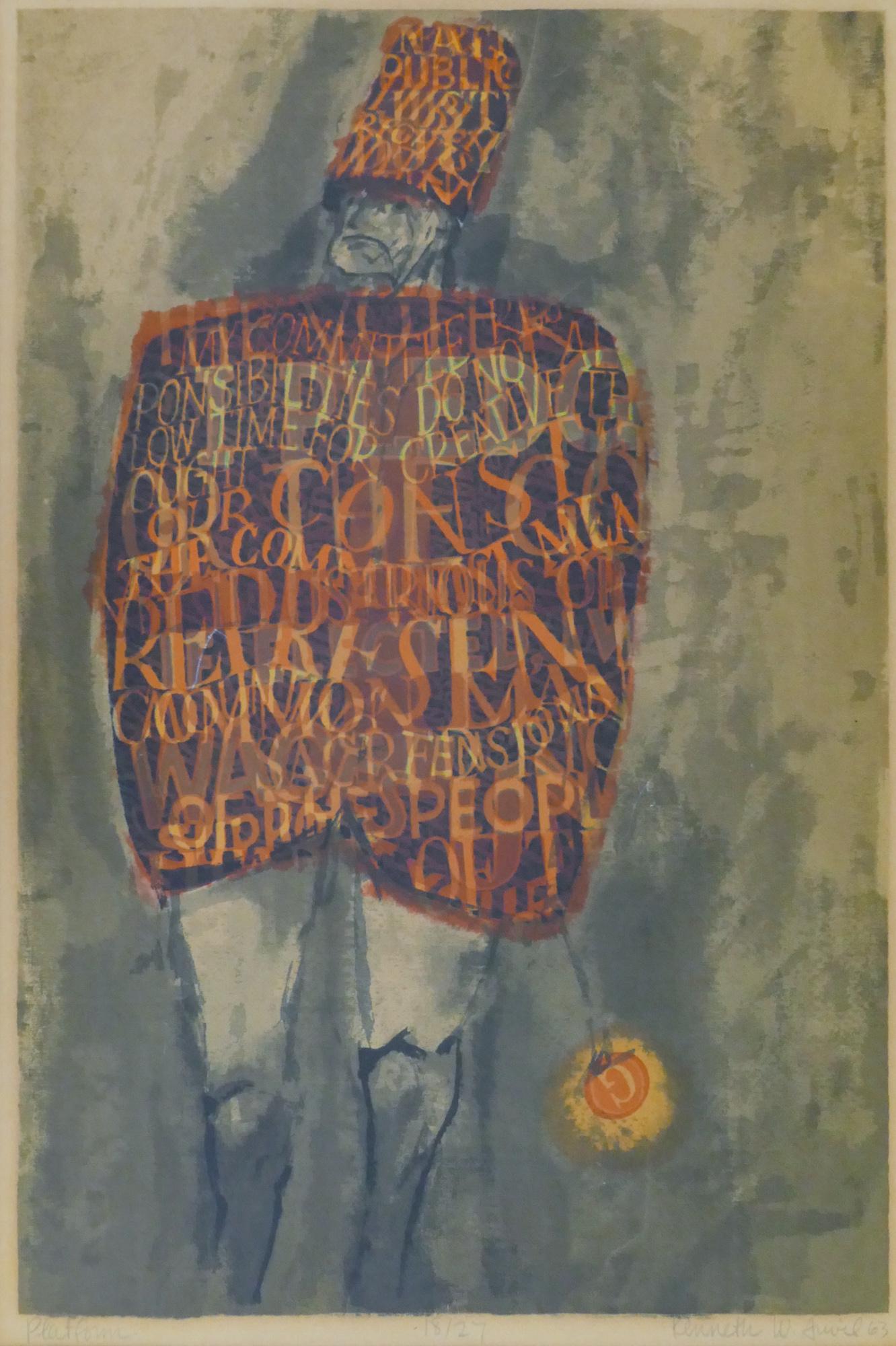 Kenneth Auvil ''Platform'' 1963 Color Lithograph: Kenneth Auvil (b.1925 Washington) ''Platform'' 1963 Color Lithograph 17''x12'' Sight. Pencil signed and numbered 18 of 27 edition lower margin. Original period framing 26''x19.5''. Even toning from or