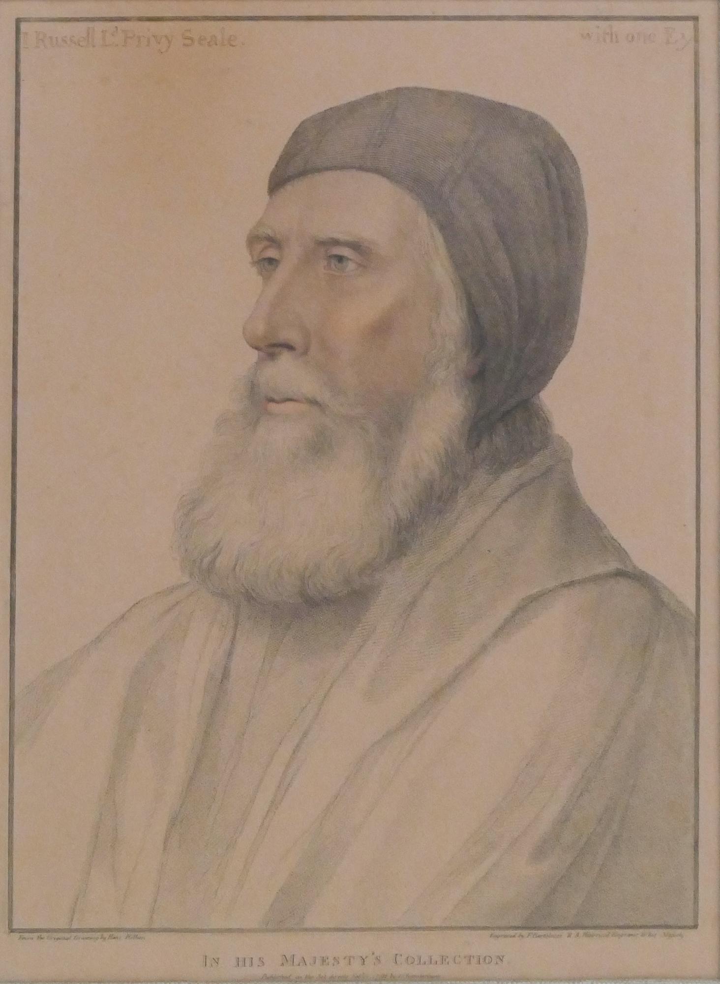 Francesco Bartolozzi (1727-1815 Italy) After Hans Holbein 'John Russell (with One Eye)' Engraving,: Francesco Bartolozzi (1727-1815 Italy) After Hans Holbein 'John Russell (with One Eye)' Engraving, 1796. On pink wove paper. Impression 15x11.5'', framed 28x23.5''. Portfolio page with information on