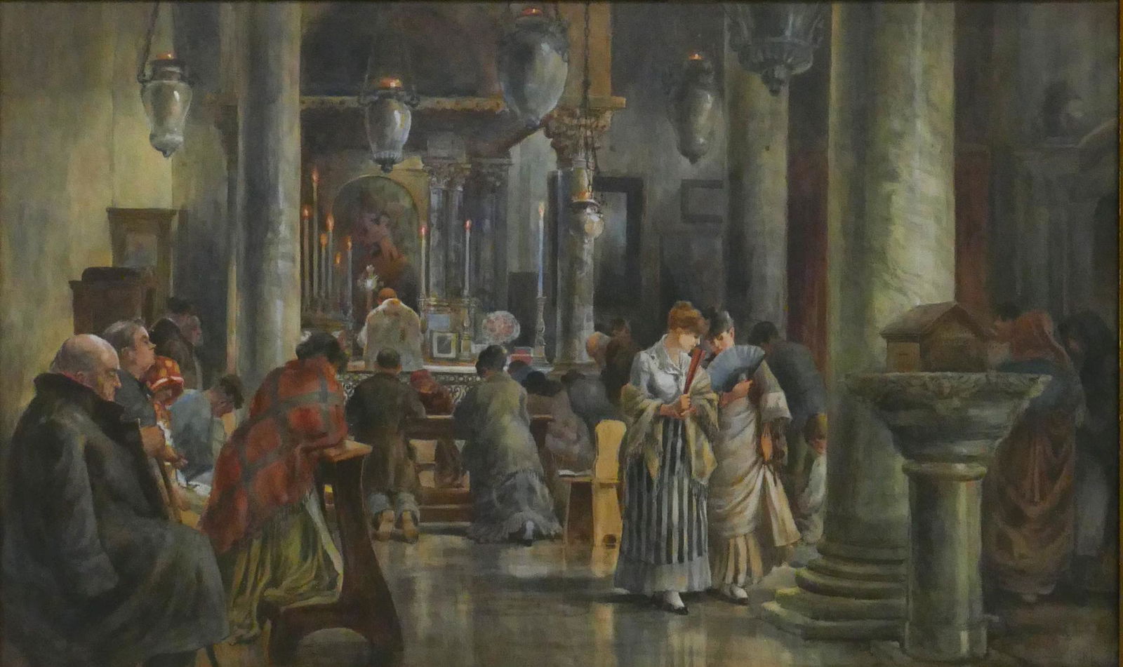 William Henry Pike (1846-1908 United Kingdom) 'St Mark's Venice' Watercolor, 1887: William Henry Pike (1846-1908 United Kingdom) 'St Mark's Venice' Watercolor, 1887. Signed and dated lower right. A large watercolor of interior church scene. Image measures 21.5x35'', overall framed d