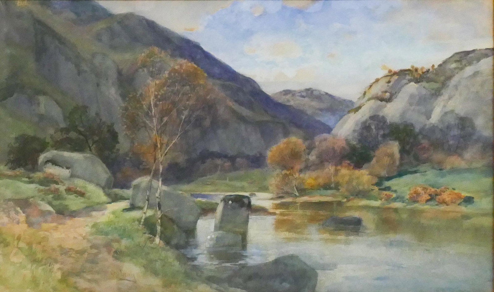 George Gray (fl. 1880-1910 Scotland) Scottish Landscape Watercolor: George Gray (fl. 1880-1910 Scotland) Scottish Landscape Watercolor. Signed lower edge. A large Scottish landscape depicting the Tweed River; handwritten inscription on verso notes 'The Neuk, Levenhall