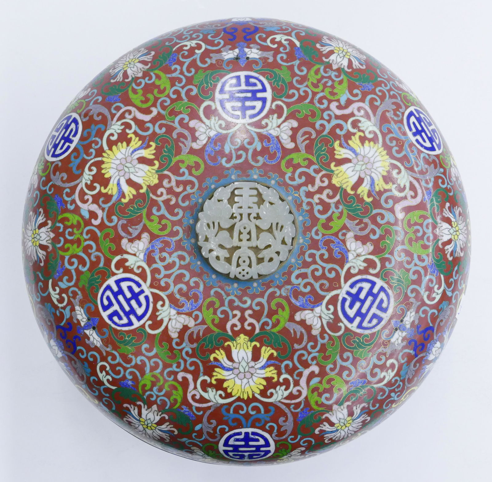 Chinese Cloisonne Round Box with Jade Plaque (1 of 5)