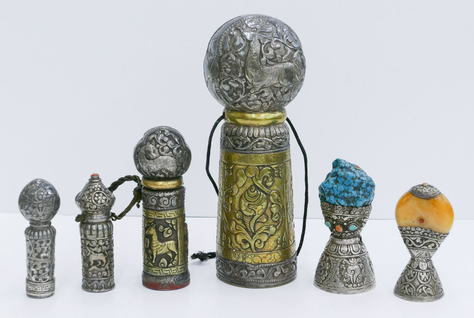 6pc Old Tibetan Buddhist Silver and Brass Seals (1 of 2)