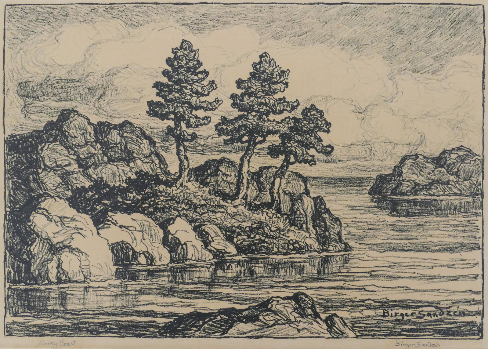 Birger Sandzen ''Rocky Coast'' Lithograph: Birger Sandzen (1871-1954 Colorado) ''Rocky Coast'' Lithograph 10''x14.25'' Image. Pencil signed and titled lower margin. Loose, unframed. Full margins with a 12.5''x19'' sheet size. Even toning throu