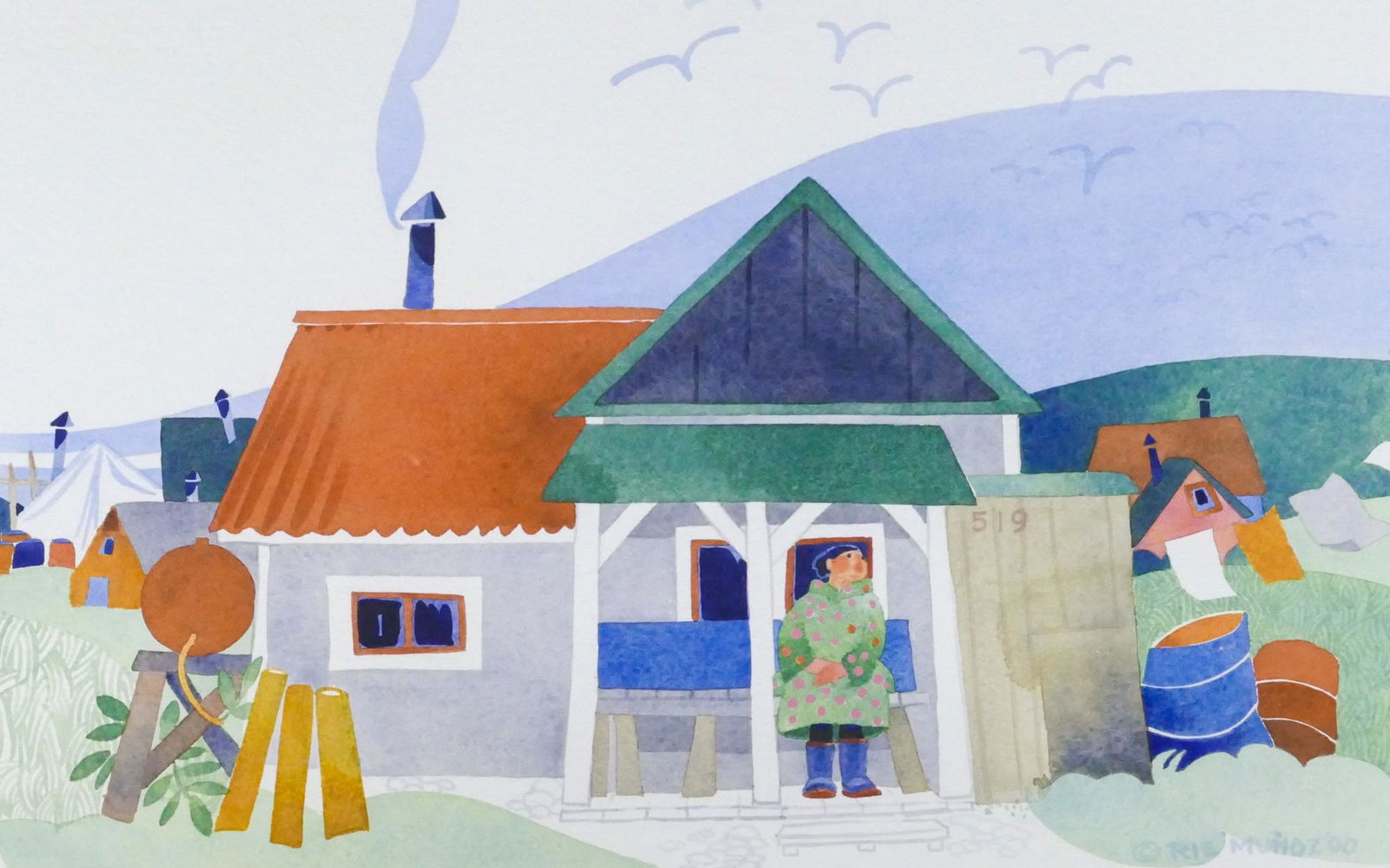 Rie Munoz ''Ms. Hunnicutt's Cabin, Kotzebue'' 1990 Watercolor (1 of 3)