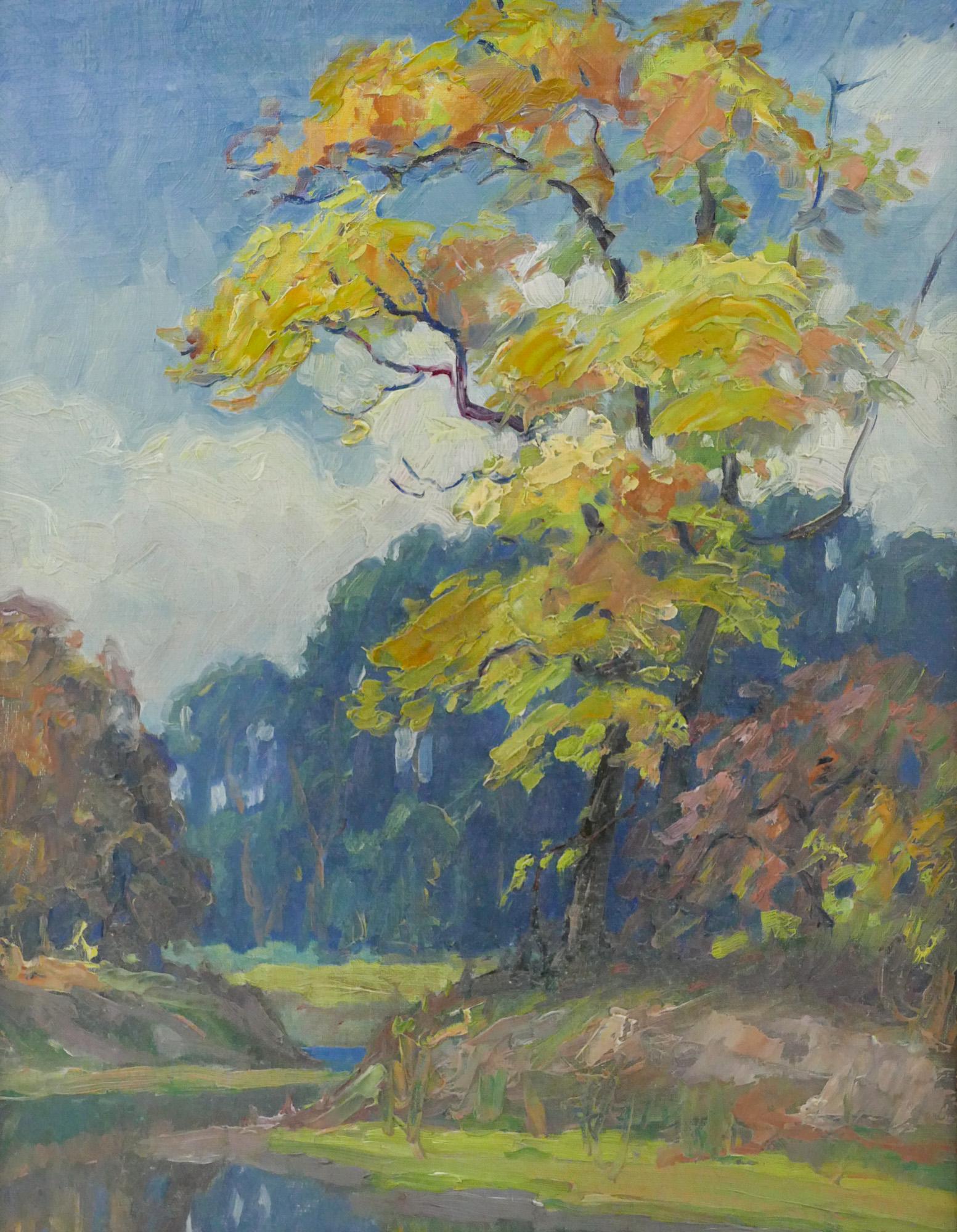Clyde Leon Keller ''Sauvies Island, Autumn'' 1929 Oi: Clyde Leon Keller (1872-1962 Oregon) ''Sauvies Island, Autumn'' 1929 Oil on Board 18''x14'' Image. Unsigned, notated on verso. Original Keller, Portland framing 20.5''x16.5''. Excellent condition.