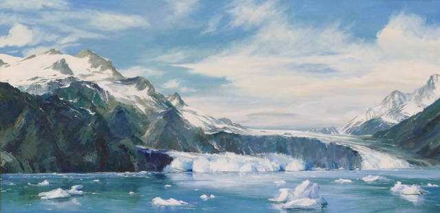 Bennet Bradbury ''St. Elias Mountains, Glacier Bay'' Oil: Bennet Bradbury (1914-1991 California) ''St. Elias Mountains, Glacier Bay'' Oil on Canvas 30''x60'' Image. Signed l.r. Original framing with title placard 42''x72''. Excellent condition.