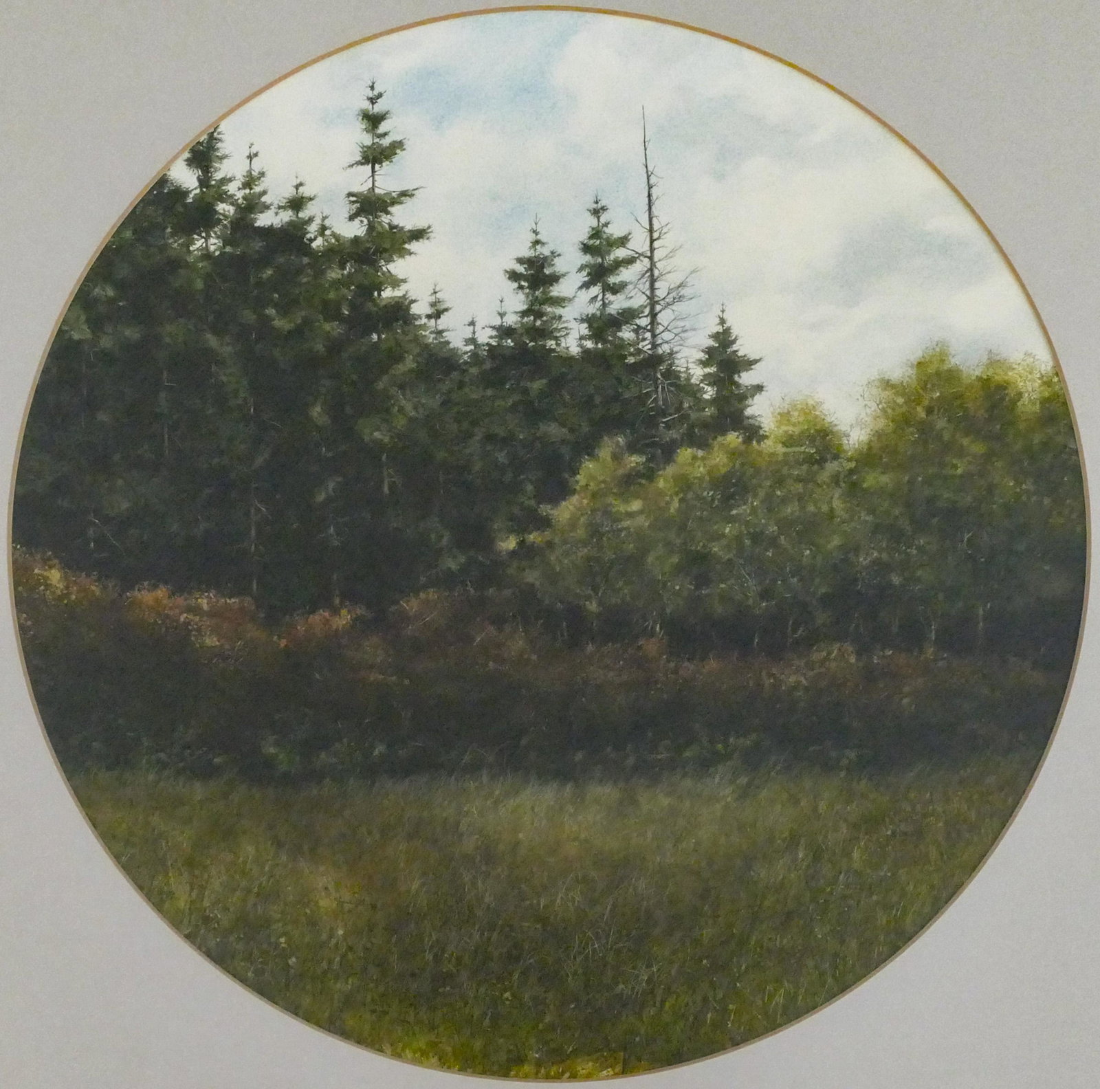 Anthony Turpin ''Field's End'' 1979 Watercolor: Anthony Turpin (b.1938 Washington) ''Field's End'' 1979 Watercolor on Paper 15''x15'' Image. Signed l.r. with Haines Gallery label on verso. Original framing 26''x26''. Excellent condition.