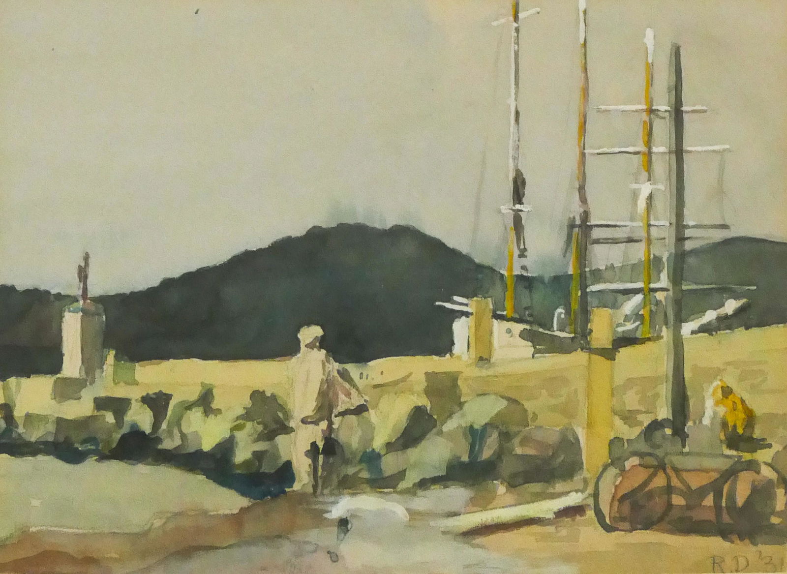 Randall Davey ''Bangor'' 1931 Watercolor: Randall Davey (1887-1964 American) ''Bangor'' 1931 Watercolor on Paper 7''x9'' Image. Initialed and dated l.r. Framed 13''x15''. Excellent condition. Not examined outside of framing.