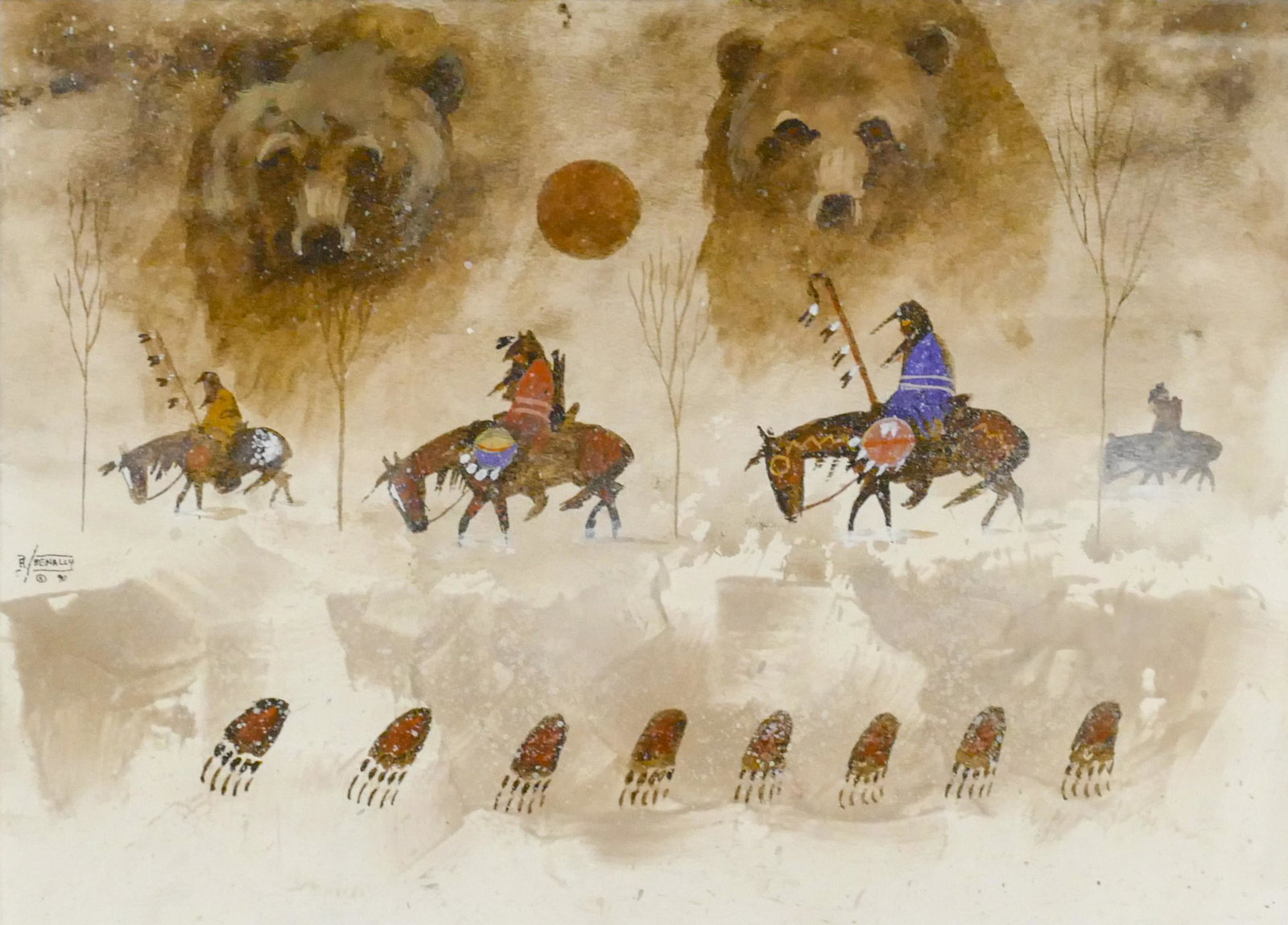 Anderson Benally ''Bear Tracks'' 1990 Watercolor: Anderson Benally (b.1954 New Mexico) ''Bear Tracks'' 1990 Watercolor on Paper 12''x17'' Image. Signed middle left. Framed 22''x27''. Excellent condition. Not examined outside of framing.