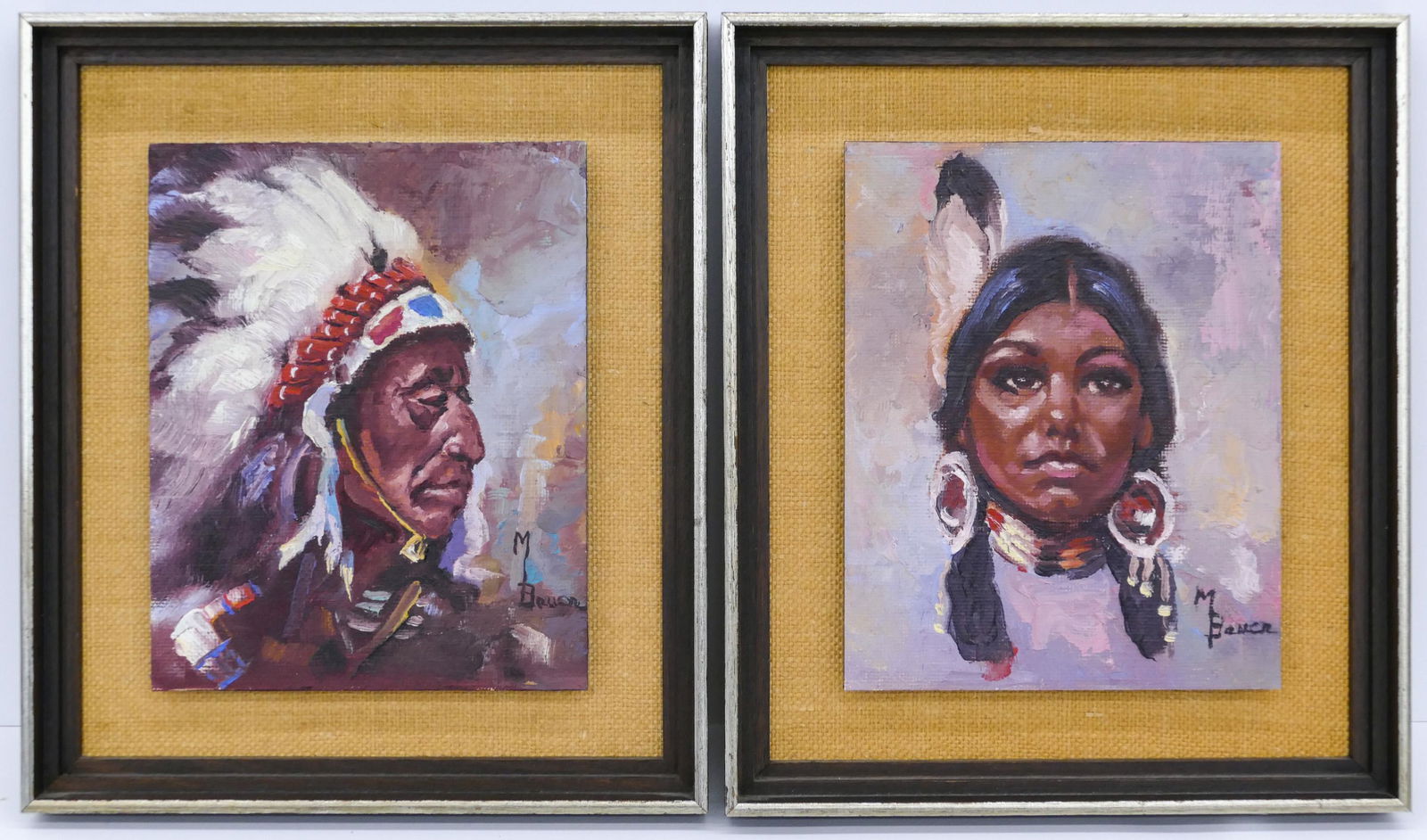 Pair M. Bauer ''Indian Portraits'' Oils o: Pair M. Bauer (20th Cent. Washington) ''Indian Portraits'' Oils on Masonite 10''x8'' Images. Signed l.r. Original framing 14''x12''. Excellent condition.