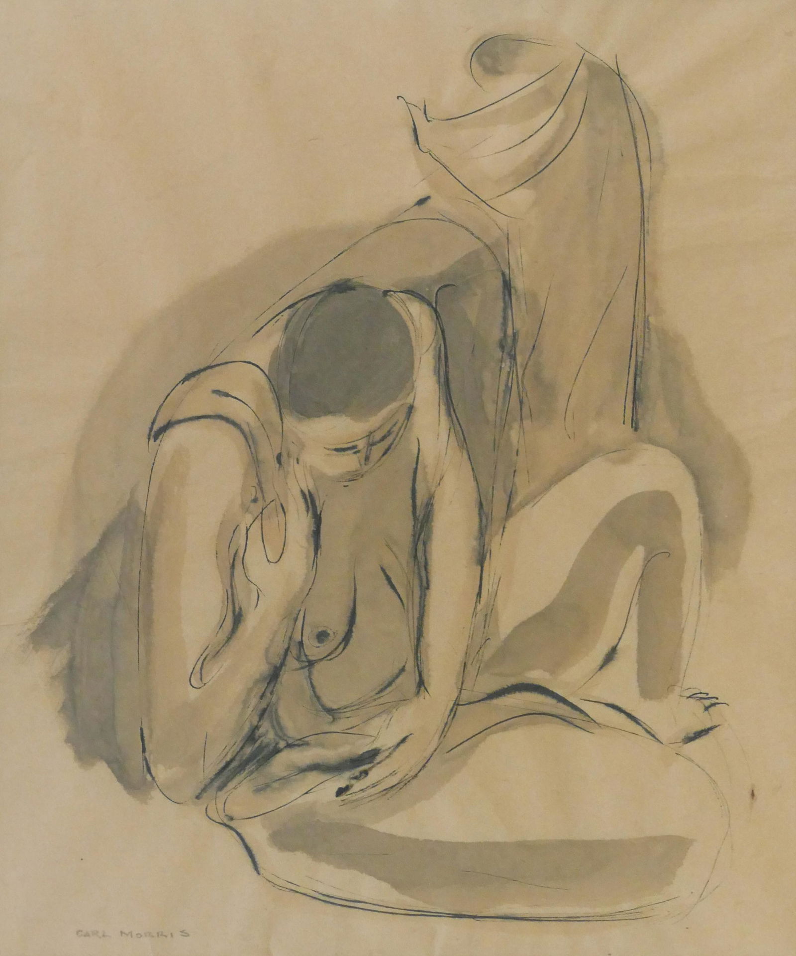 Carl Morris ''Figure Forms'' 1950's Watercolor: Carl Morris (1911-1993 Oregon) ''Figure Forms'' 1950's Watercolor and Ink on Paper 13''x11'' Sight. Signed l.l. Gilt framing 30''x25''. Excellent condition. Not examined outside of framing.