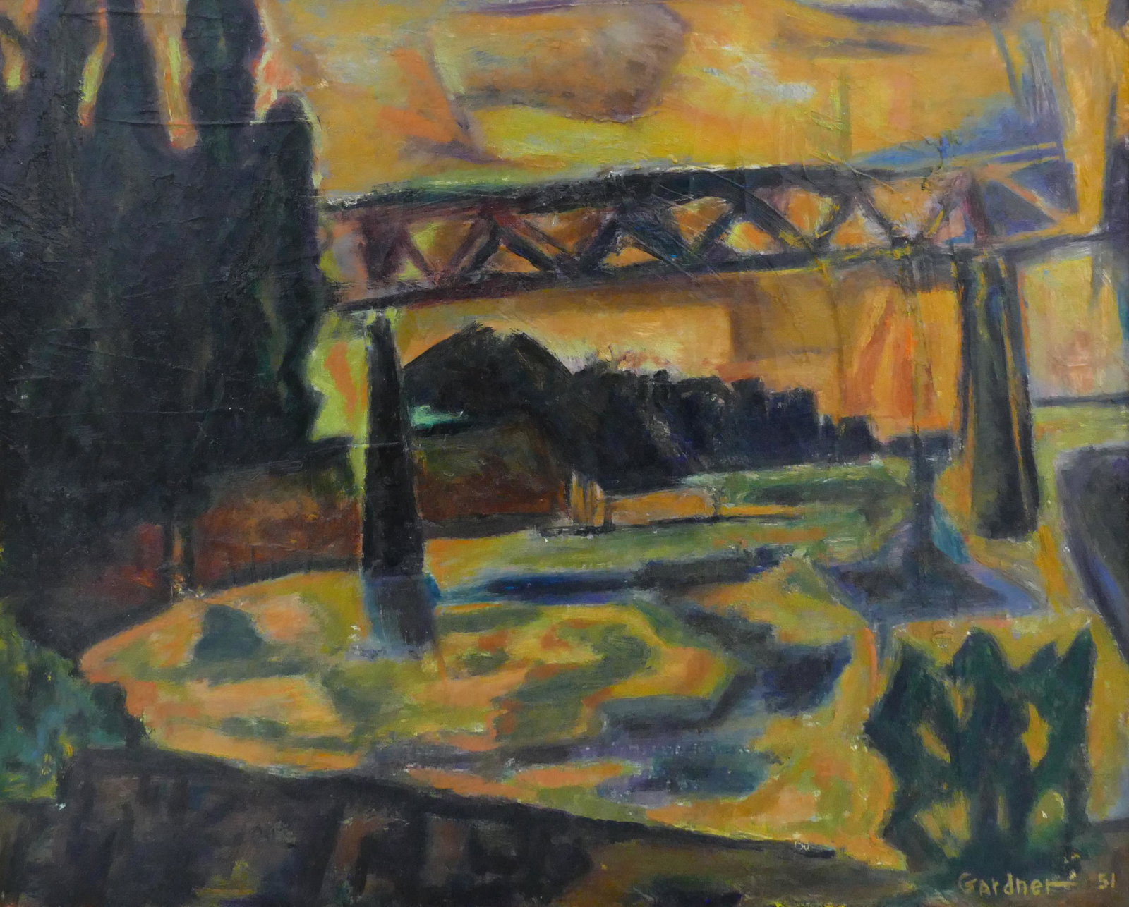 Byron Gardner ''Landscape with Bridge'' 1951 Oil (1 of 3)