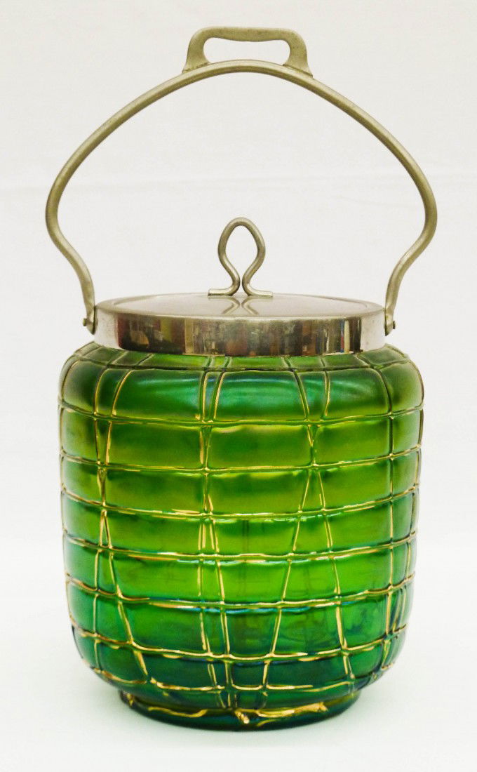 Loetz Green Iridescent Threaded Glass Biscuit Jar 6: Loetz Green Iridescent Threaded Glass Biscuit Jar 6''