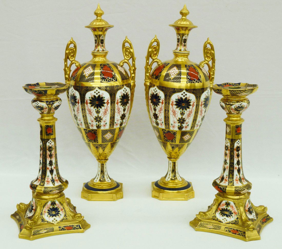 (2) Pairs of Royal Crown Derby ''Old Imari'' Patter: (2) Pairs of Royal Crown Derby ''Old Imari'' Pattern Porcelain 16.25'' Urns & 10.5'' Candlesticks - One Repaired Finial to Urn, Candlesticks Have Cracks to Tops