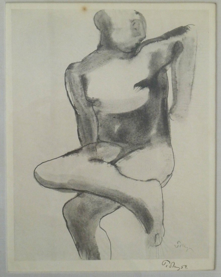 Mark Tobey (1890-1976 WA/NY) ''Seated Nude Portfol: Mark Tobey (1890-1976 WA/NY) ''Seated Nude Portfolio Print'' 1959 Ink Signed Lithograph 10.75''x8.5'' Image - Original Otto Seligman Seattle Gallery Label on Verso - Foxing Spot Upper Border