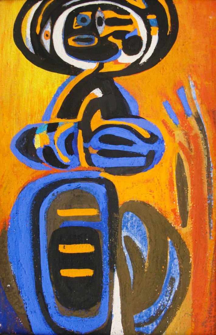 Margaret O'Hagen Peterson (1902-1997 CA/Canada) '': Margaret O'Hagen Peterson (1902-1997 CA/Canada) ''Untitled'' Abstract Figure Tempera/Board 18''x12'' - Art Gallery of Greater Victoria Label on Verso