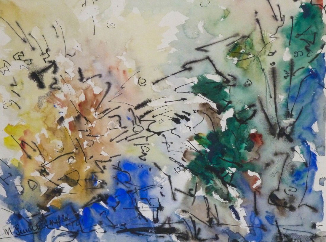 Manfred Lindenberger (1914-2008 WA/CA) ''Spring'': Manfred Lindenberger (1914-2008 WA/CA) ''Spring'' 1961 Watercolor/Paper 12.5''x16'' - Utley's Art Gallery Label on Verso
