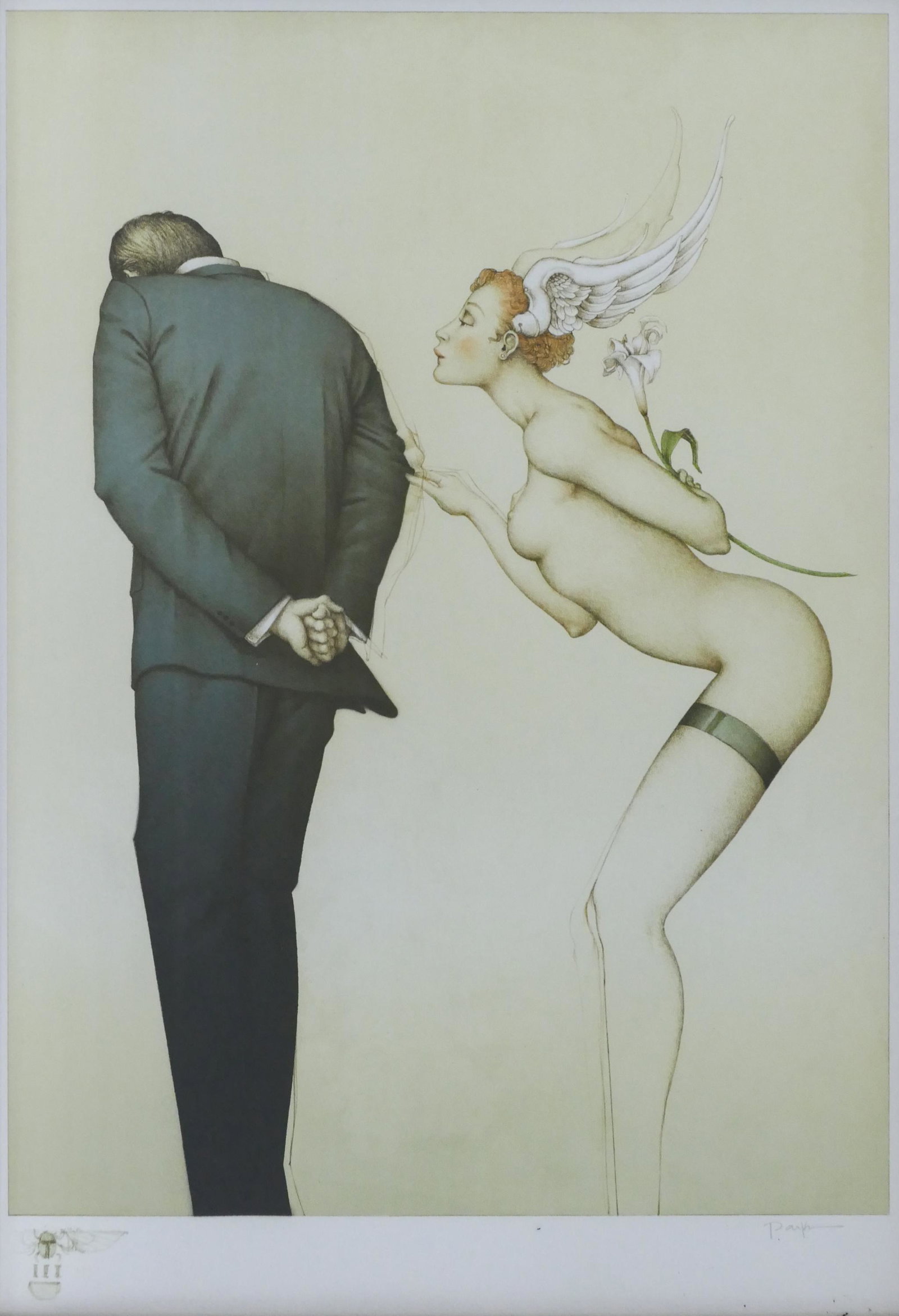 Michael Parkes ''A Gift for the Disillusioned Man'' 1990 Lithograph: Michael Parkes (b.1944 California) ''A Gift for the Disillusioned Man'' 1990 Stone Lithograph 23.25''x17.5'' Image. Pencil signed and numbered 149 of 250 edition lower margin. Framed 27.5''x20''. Exce