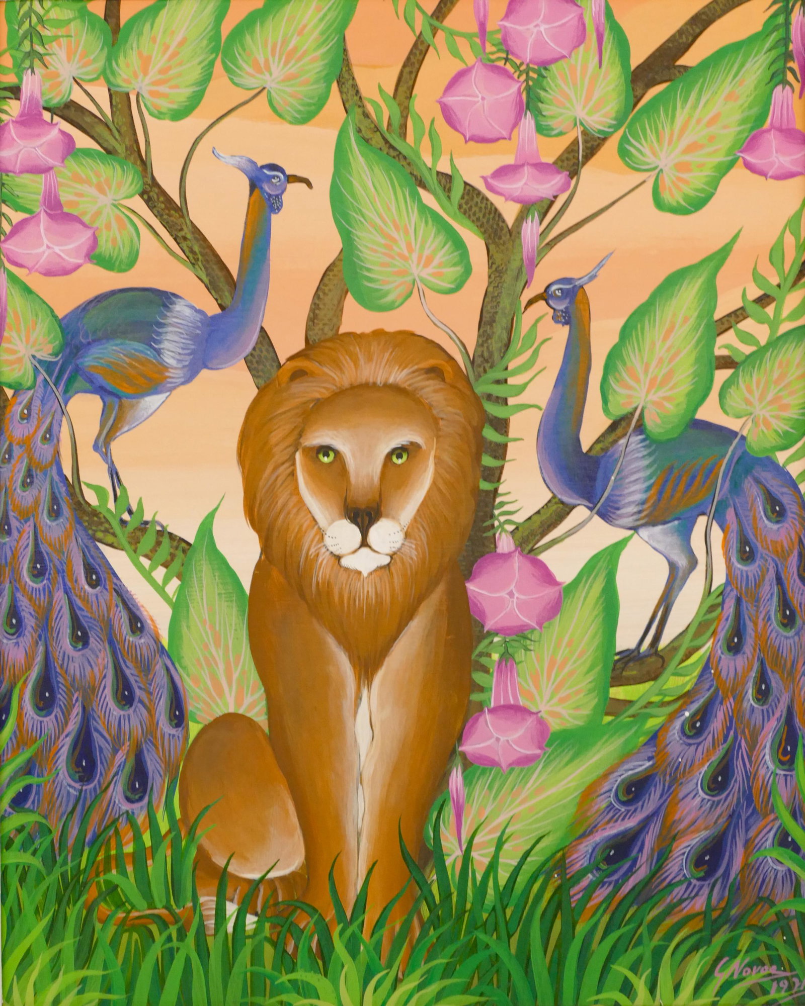 Gustavo Novoa ''The Peacock Couple'' 1971 Acrylic: Gustavo Novoa (b.1941 Chilean) ''The Peacock Couple'' 1971 Acrylic on Masonite 16''x13'' Image. Signed and dated l.r. Original framing 25''x21''. Excellent condition.