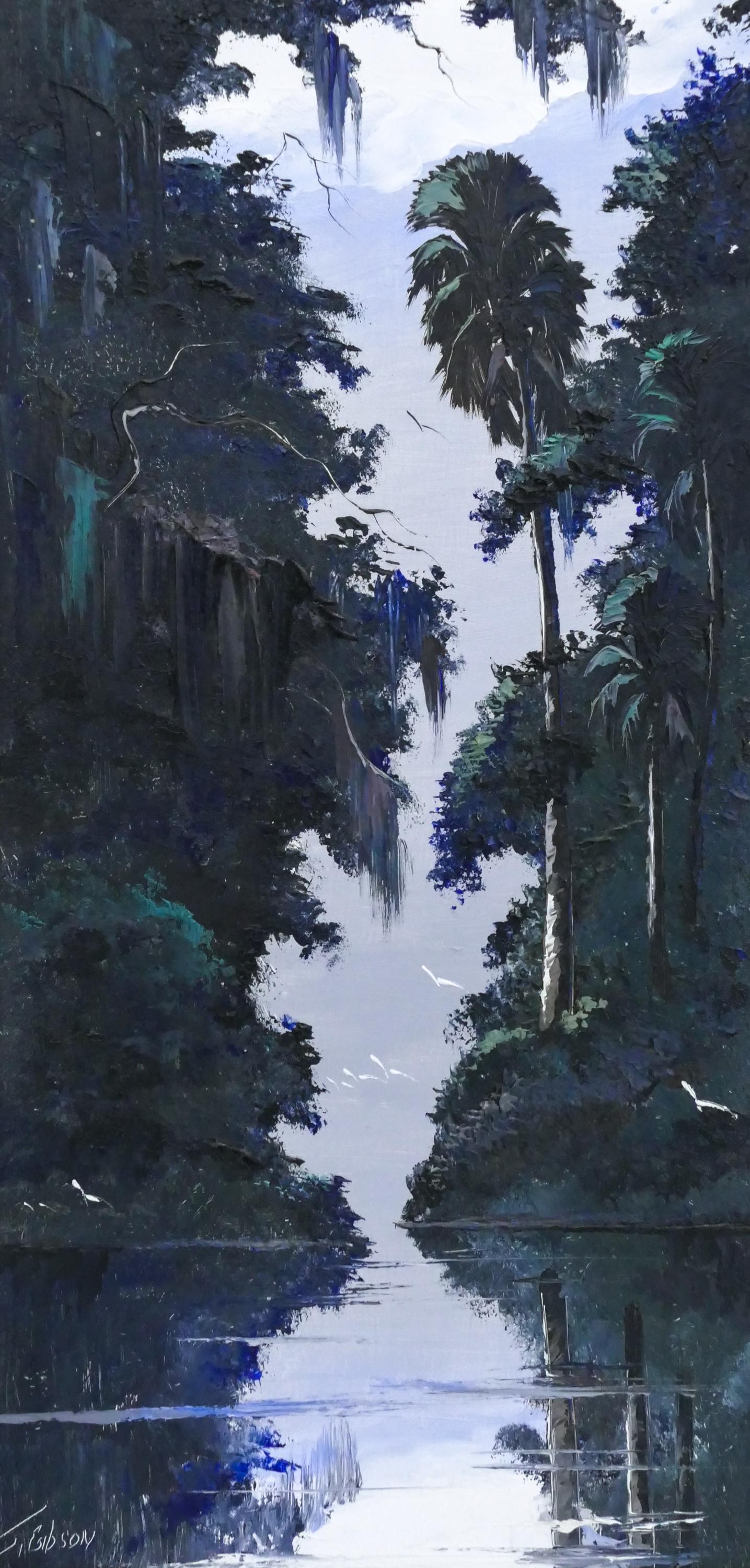 James Gibson ''Florida Highwaymen River Scene'' Oil: James Gibson (1938-2017 American) ''Florida Highwaymen River Scene'' Oil on Board 24''x12'' Image. Signed l.l. Framed 28''x16''. Excellent condition.