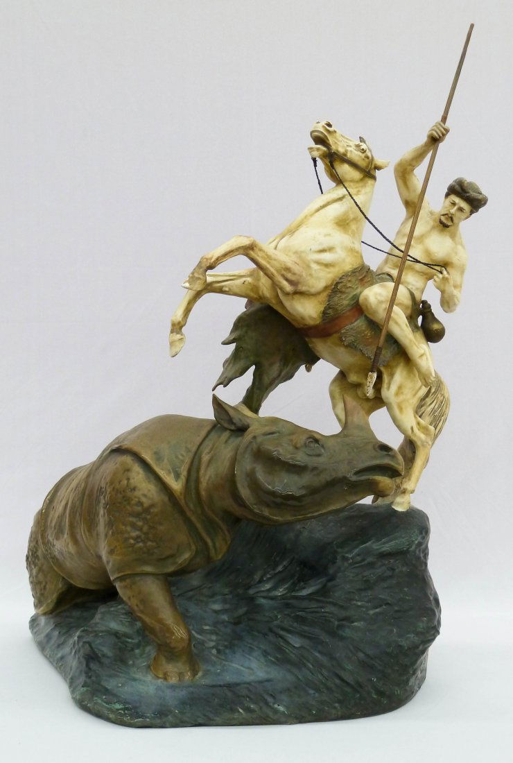 Stellmacher Teplitz Amphora Austrian Fine Porcelain: Stellmacher Teplitz Amphora Austrian Fine Porcelain Figure Group of Hunter on Horseback Spearing Rhino 22.5''x18.5''x14'' - Missing Spear, Repair to Hand