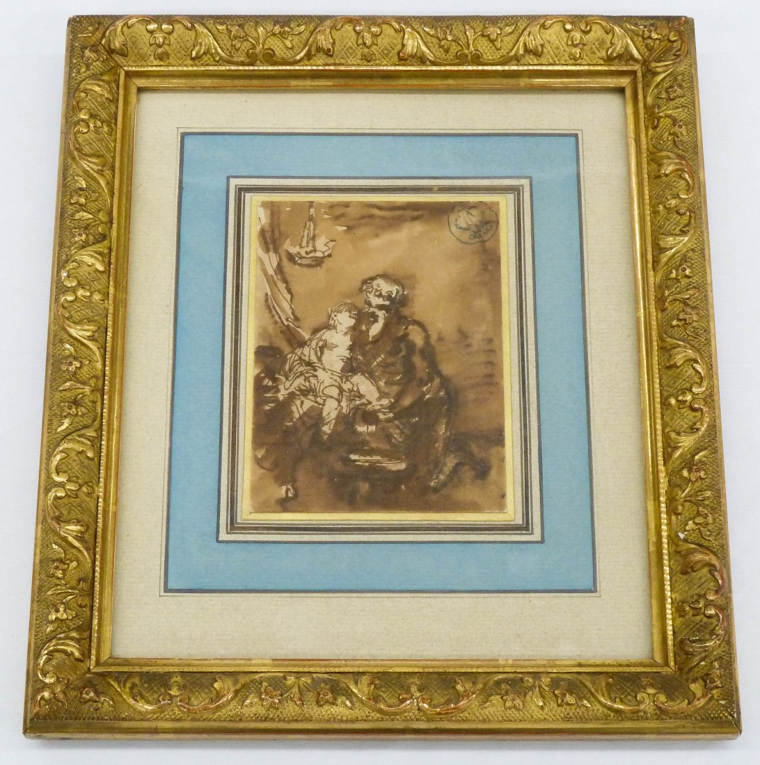 Michel Claude Clodion (1738-1814 France) ''Un Faune: Michel Claude Clodion (1738-1814 France) ''Un Faune Agenouille a Cote d'un Enfant'' Sepia Drawing/Paper 4.5''x3.5'' - Gallery/Title Label on Verso