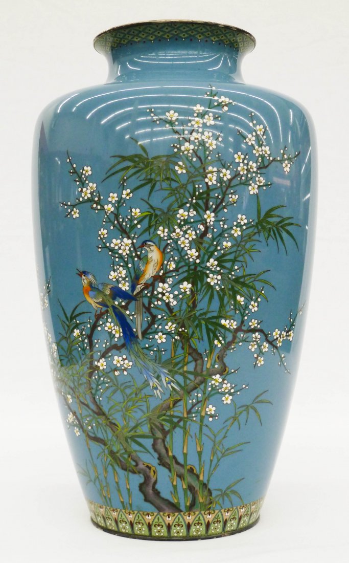 Fine Japanese Ando Silver Rimmed Cloisonne Vase w: Fine Japanese Ando Silver Rimmed Cloisonne Vase with Birds on Branches 12''x7'' - Drilled Base, Ando Silver Mark to Rim