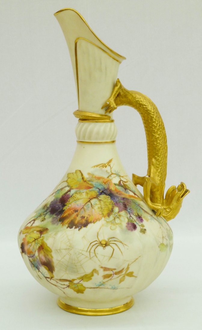 Royal Worcester Hand Painted Ewer with Figural Drag: Royal Worcester Hand Painted Ewer with Figural Dragon Handle 12''