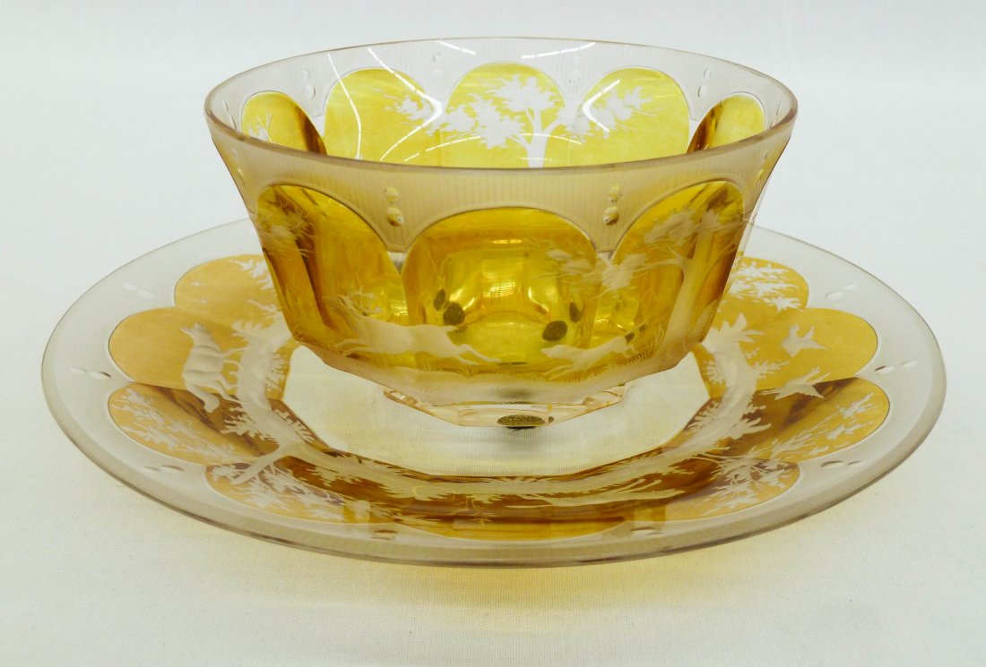 Bohemian Intaglio Etched Amber Finger Bowl & Under: Bohemian Intaglio Etched Amber Finger Bowl & Under Plate 7.25'' Diameter