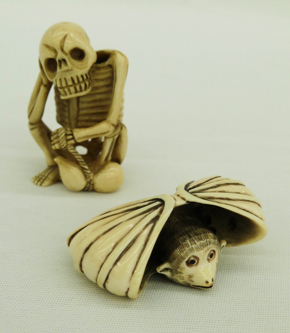 (2) Seated Skeleton with Gourd & Bat with Stretche: (2) Seated Skeleton with Gourd & Bat with Stretched Wings Japanese Carved Ivory Netsukes 1.75''-2''