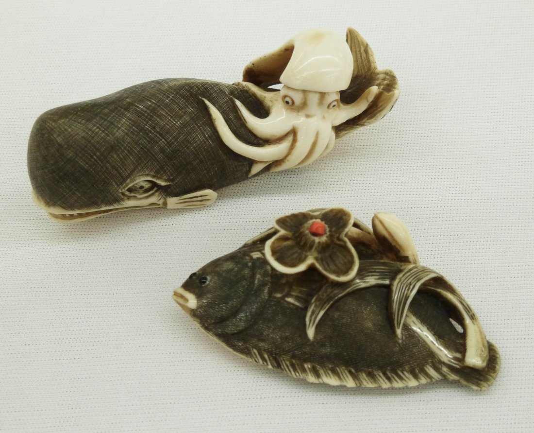 (2) Whale with Squid 2.5'' & Flounder with Coral I: (2) Whale with Squid 2.5'' & Flounder with Coral Inset Flower 2'' Japanese Ivory Fine Netsukes