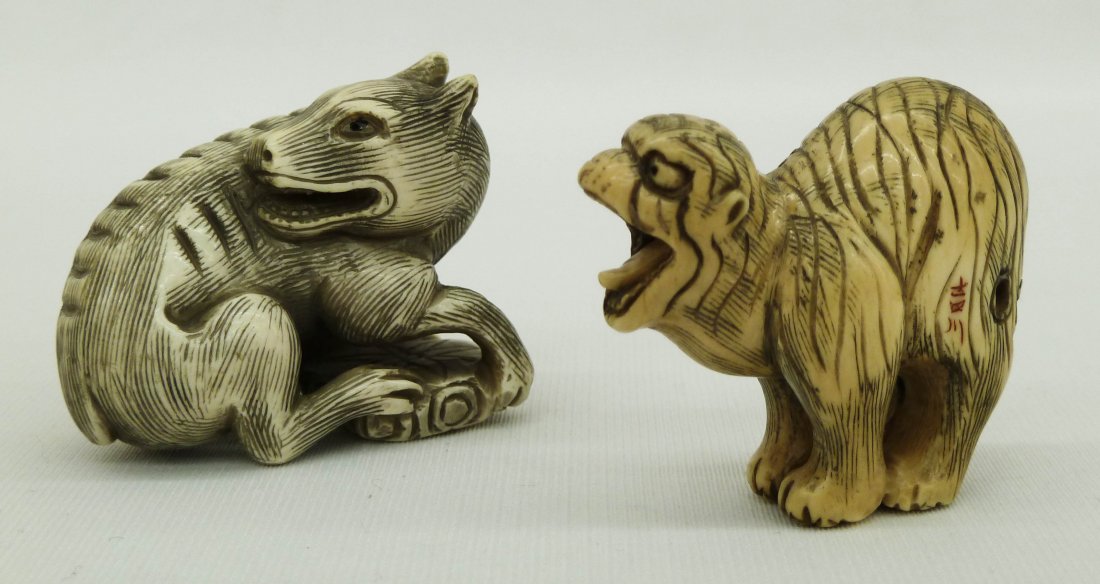 (2) Stylized Tiger 1.5'' & Wolf (Lion Dog) 1.75'' : (2) Stylized Tiger 1.5'' & Wolf (Lion Dog) 1.75'' Japanese Carved Ivory Netsukes