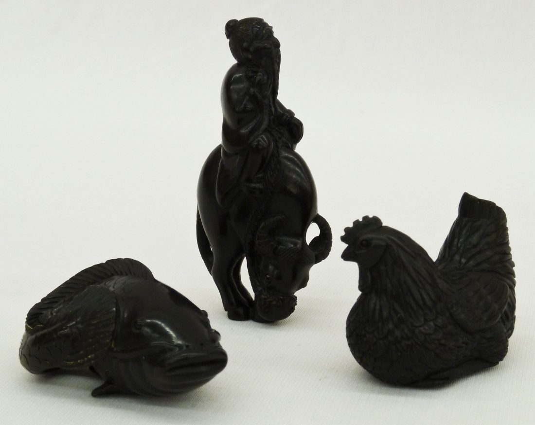(3) Man on Oxe, Chicken, & Cat Fish Japanese Carve: (3) Man on Oxe, Chicken, & Cat Fish Japanese Carved Wood Netsukes 2''-3''