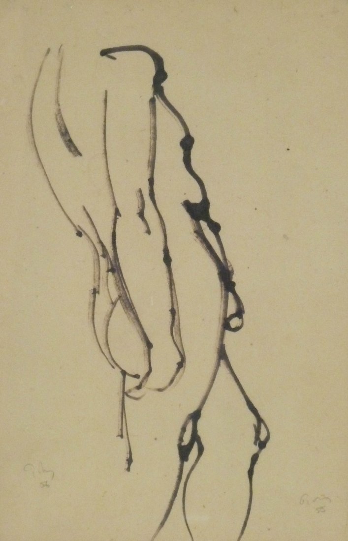 Mark Tobey (1890-1976 WA/NY) ''Man's Torso'' 1956: Mark Tobey (1890-1976 WA/NY) ''Man's Torso'' 1956 Ink/Paper 13''x8'' - Original Otto Seligman Seattle Gallery, Mark Tobey's European Tour 1961-62 Exhibition and Musee Des Arts Decoratifs #134 Exhibiti