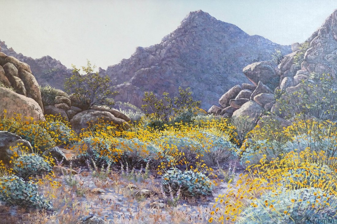 Kerry Kinman (b.1946 OR) ''Joshua Tree National Mo: Kerry Kinman (b.1946 OR) ''Joshua Tree National Monument Springtime'' Landscape Oil/Canvas 20''x30''