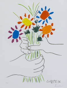 Pablo Picasso ''Bouquet de Fleurs'' 1958 Lithograph: Pablo Picasso (1881-1973 Spanish) ''Bouquet de Fleurs'' (Czwiklitzer 147) 1958 Lithograph in Colors on Arches 24.5''x18.5'' Sight. Pencil signed and numbered 108 of 200 edition lower margin. Printed